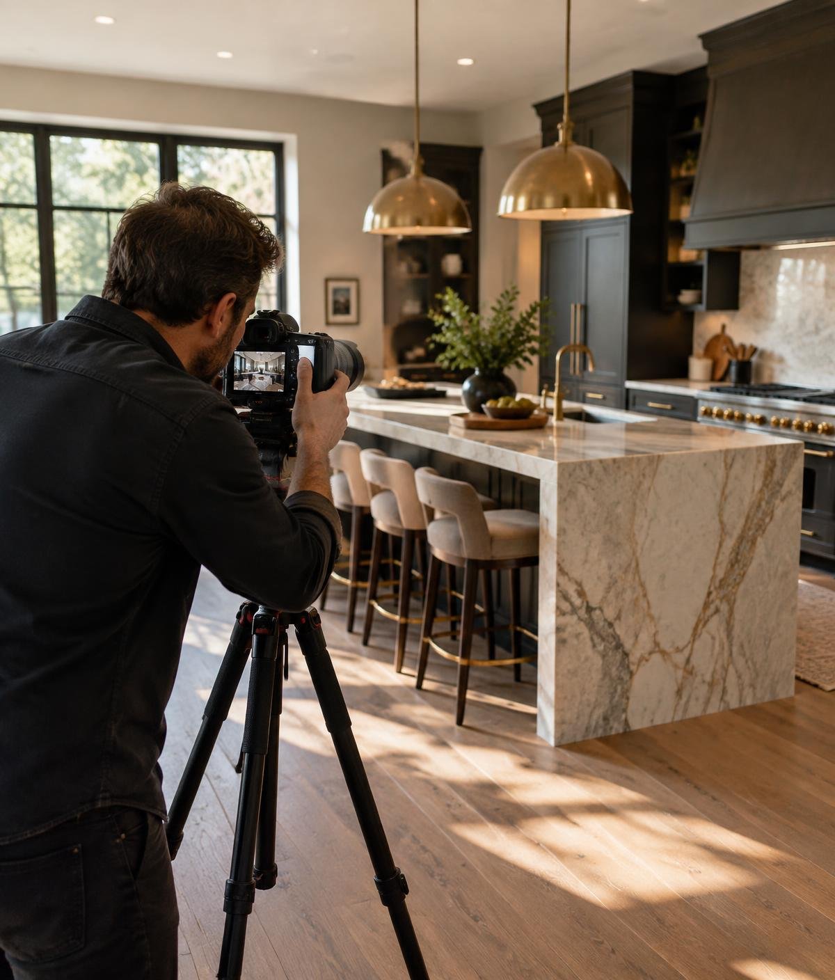 Photographer shooting a kitchen interior on a tripod