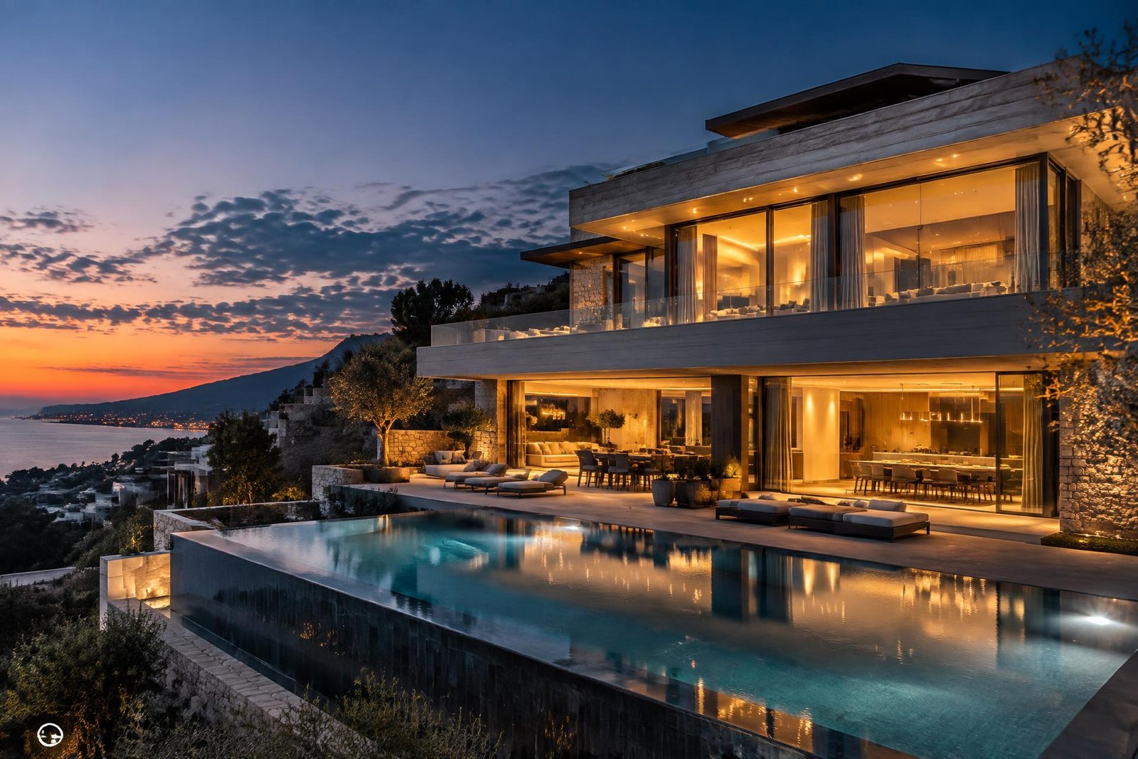 Modern hillside home photographed at twilight with pool reflections